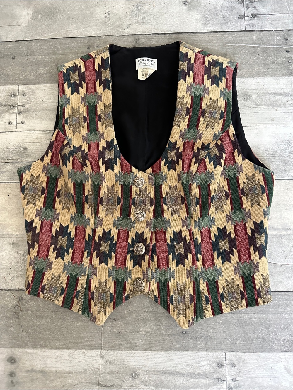 Southwestern Pattern Button-Front Vest with Metal Conchos